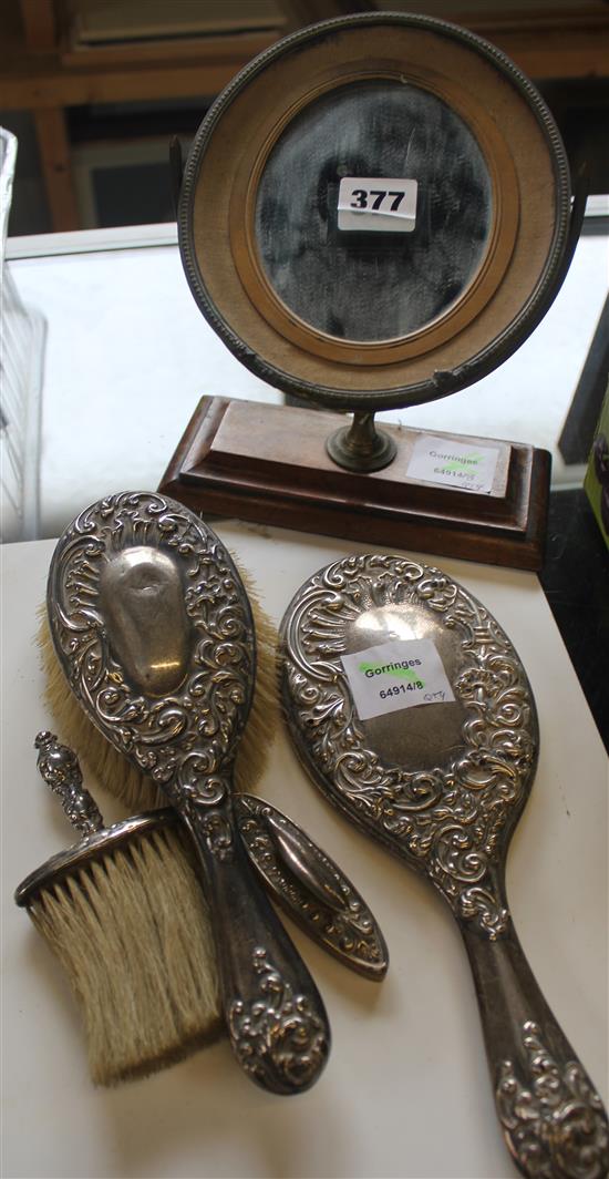 Easel mirror, silver dressing table items